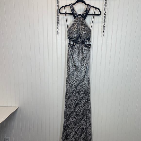 NWT Camille La Vie Animal Print Sequin Halter Open Back Maxi Dress Size 4 - Picture 2 of 9